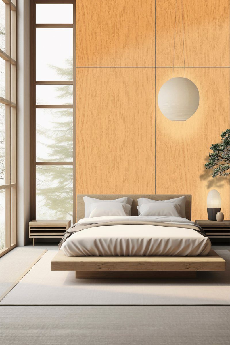 Kamar tidur dengan dinding panel kayu