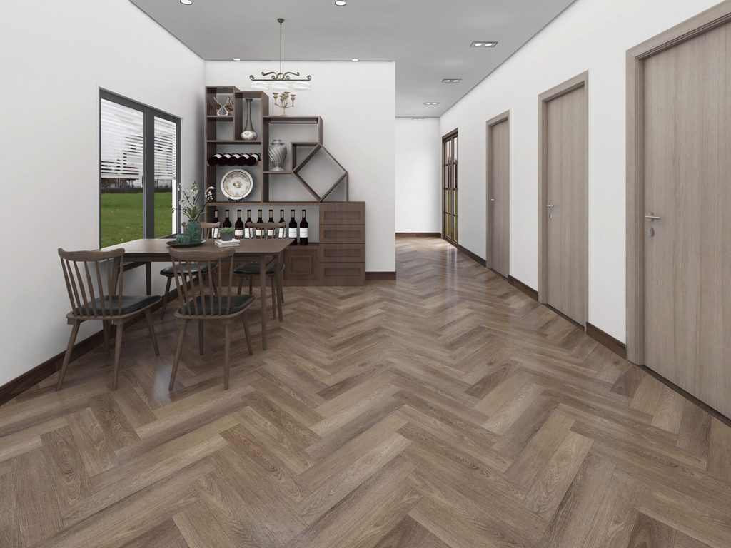 Ruang makan dengan lantai herringbone
