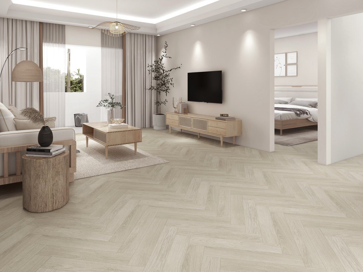 Ruang keluarga terang dengan lantai herringbone